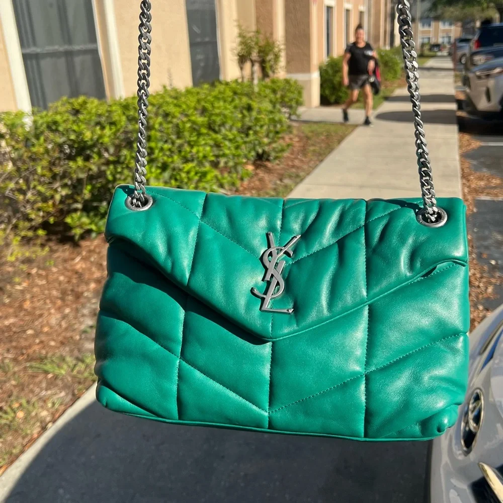 Saint Laurent Lambskin Quilted Loulou Puffer Chain Satchel Green Field Bag - Picture 4 of 8